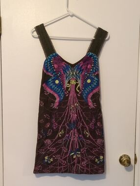 RARE Y2K Free People Lace Mini Dress with Purple, Blue and Pink Butterfly Print